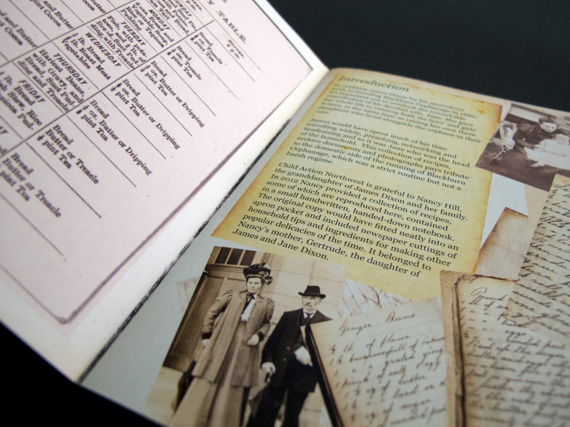 Close-up photo of the brochure welcome pages that are in a collage style. The artwork showcases serif typography, Victorian-era photographs, and handwritten recipes from the past.