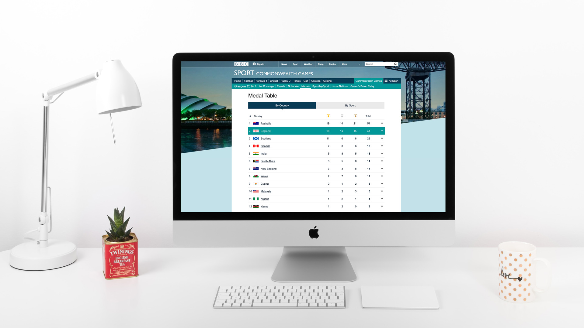An iMac is on desk with a keyboard and trackpad place in front of it. To the left of the iMac is a plant and white desk lamp. The iMac screen has the Commonwealth Games medal table open on it. The row that shows England is highlighted in a teal colour, depicting the user's home country. 