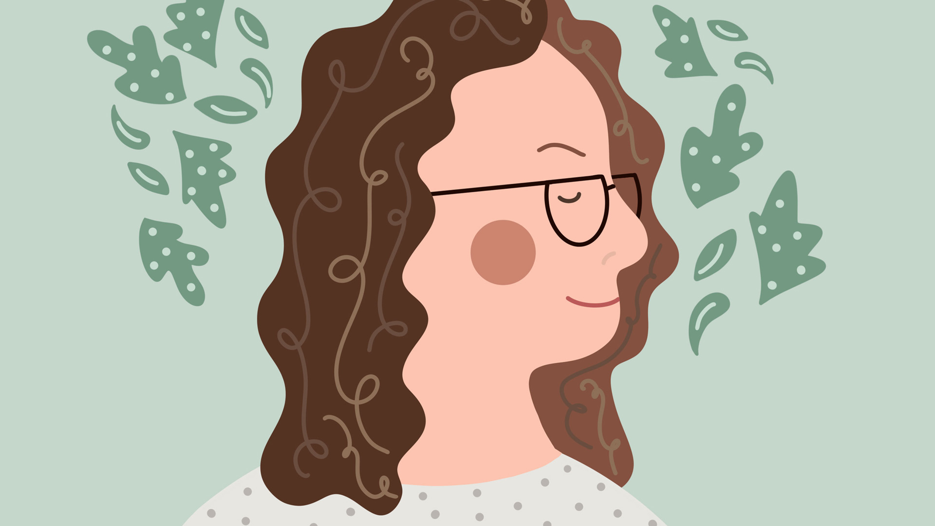 A side-profile portrait of the writer Emma Mitchell illustrated in a whimsical and playful illustration style.