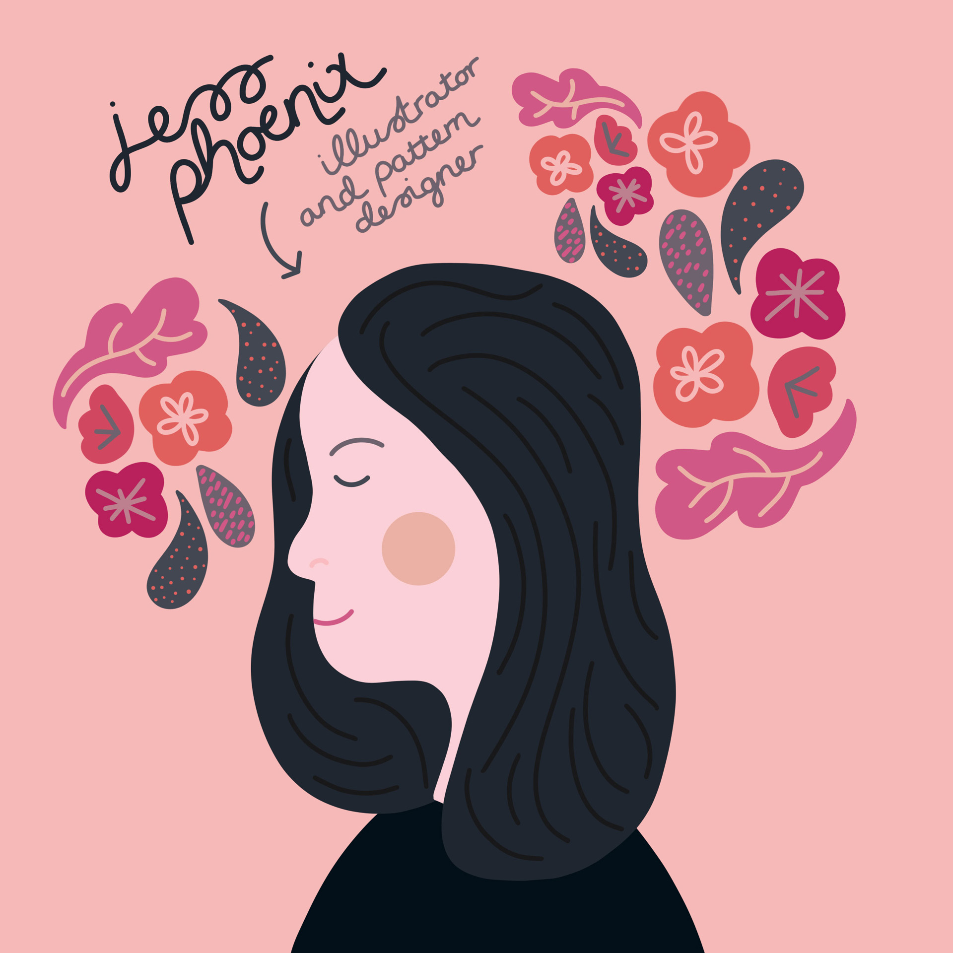 A side-profile portrait of Jess Phoenix illustrated in a whimsical and playful illustration style. Jess is depicted front-and-centre in a square image, set against a pink backdrop adorned with floral and fauna designs. A hand-drawn caption accompanies the portrait, stating 'Jess Phoenix: Illustrator and Pattern Designer.' The illustration boasts a lively colour scheme, predominantly composed of shades of pink, orange, and purple.