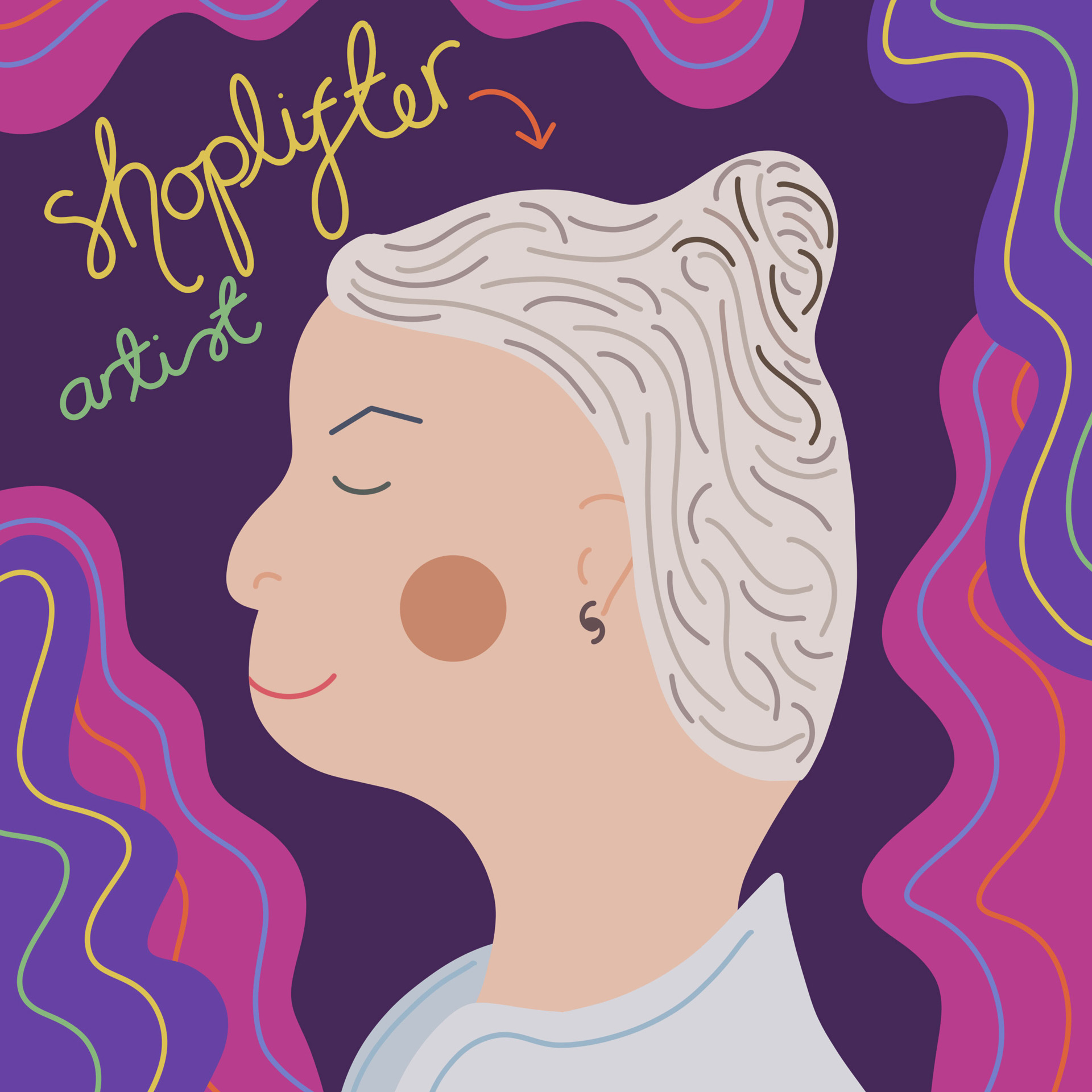 A side-profile portrait of Shoplifter illustrated in a whimsical and playful illustration style. Shoplifter is depicted at the left of the square image, surrounded by wavy patterns and shapes. A hand-drawn caption accompanies the portrait, stating 'Shoplifter: Artist'.  The illustration features a bold and striking color palette, incorporating vibrant shades of purple, pink, and yellow.