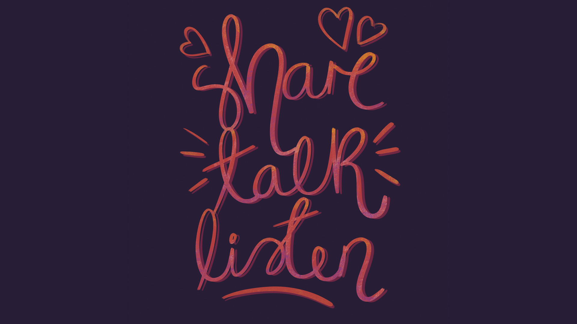The words 'Share, Talk, Listen' depicted in lively hand-drawn lettering.