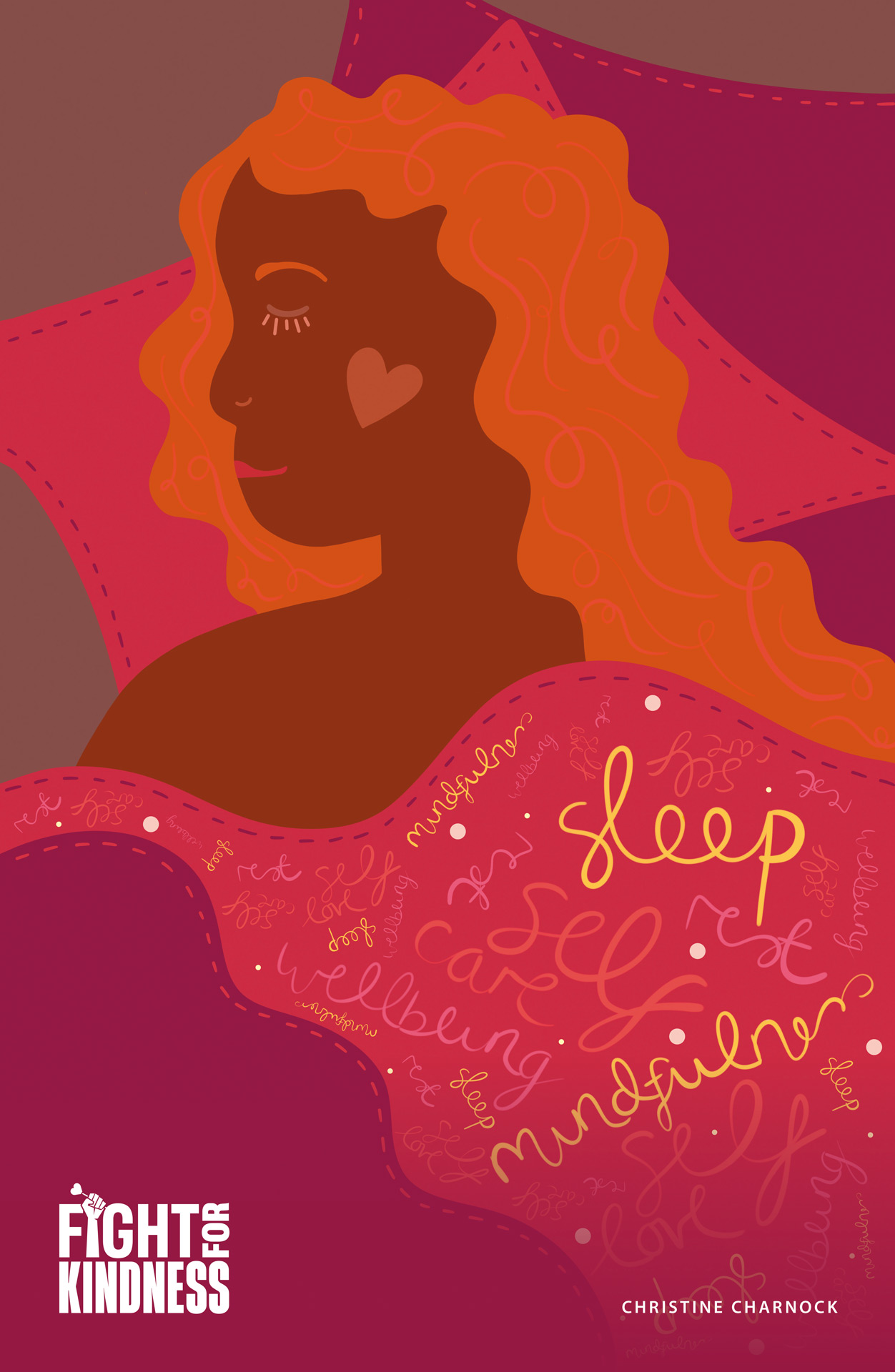 Vector-style illustration depicting a woman in bed. The duvet cover includes hand-drawn lettering with words such as ‘sleep’, ‘self care’, ‘wellbeing’, ‘sleep’, and ‘mindfulness’. The colours used are vibrant and warm, including shades of pink, purple, orange and yellow.