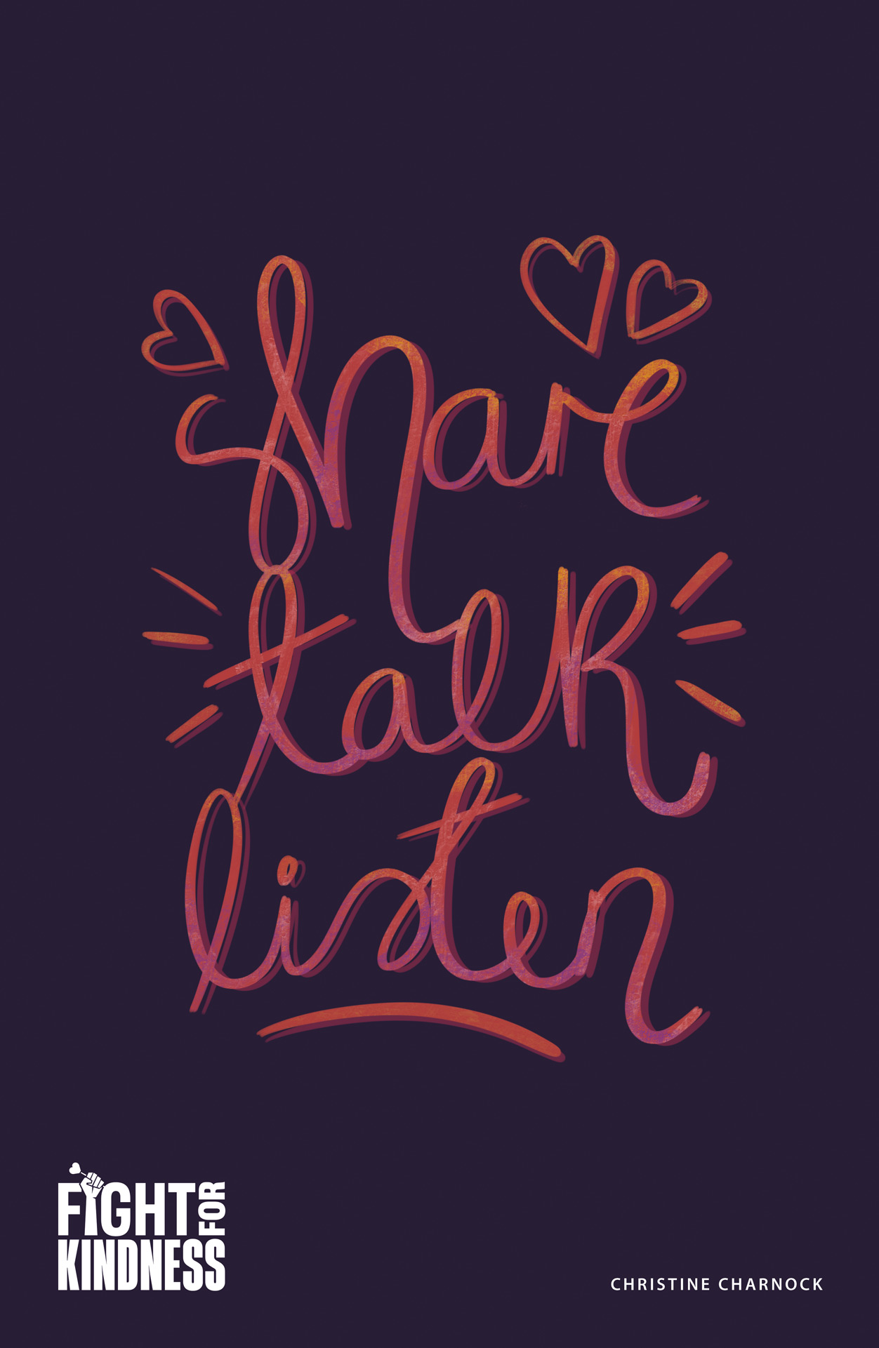 Illustration featuring the words 'Share, Talk, Listen' in lively hand-drawn lettering. The lettering uses a blend of colours, including shades of pink, purple, and yellow against a dark blue background.