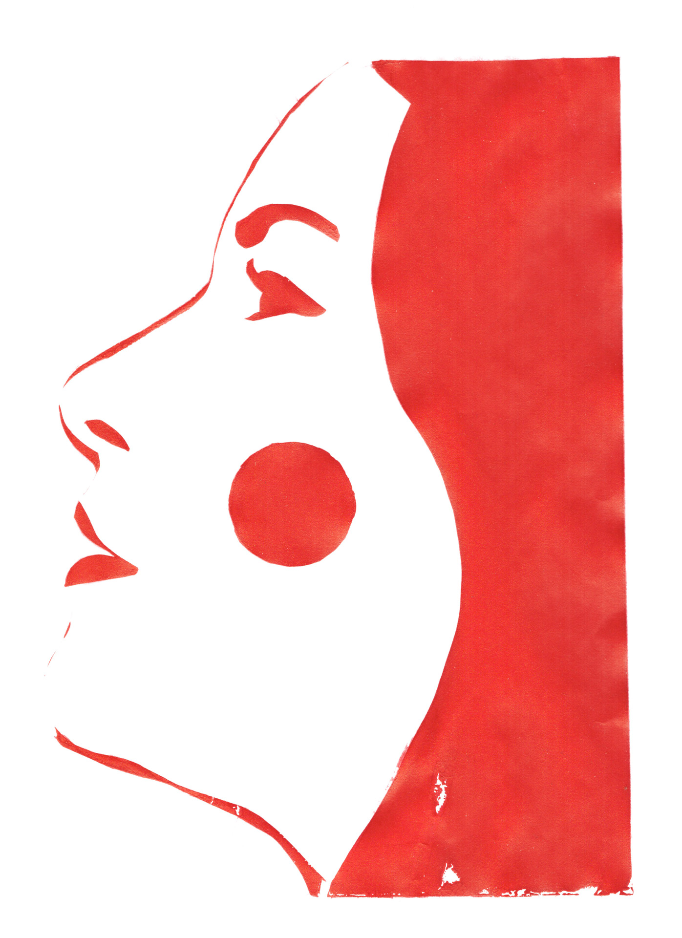 Screenprint of the side profile of a woman's face. It is in an outlined style, with the bright red ink making up the features of the hair, eye, nose, lips and cheek. The print is on white paper.