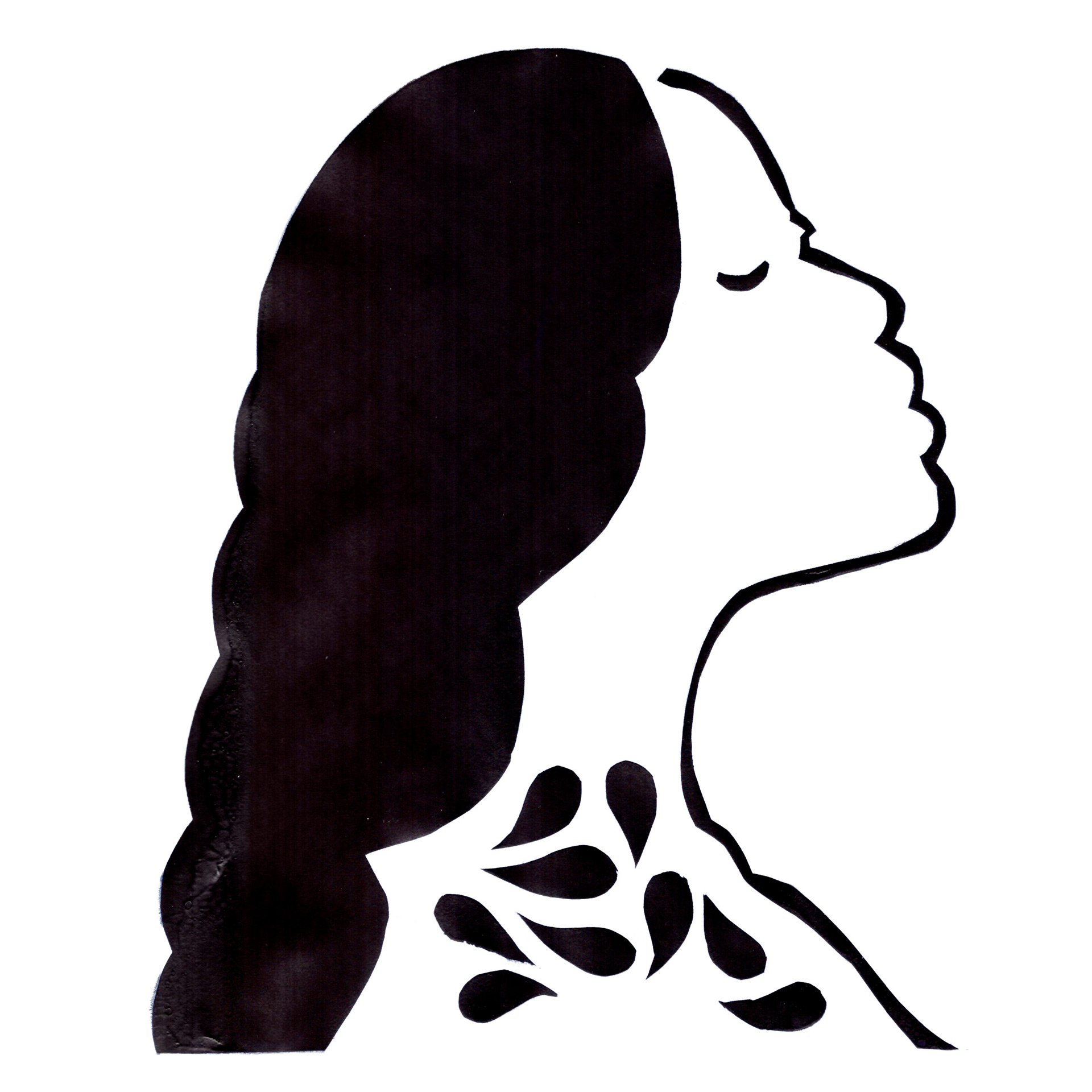 Screenprint of the side profile of a woman's face. It is in an outlined style, with bold lines and contrasting tones. Black ink makes up the features of the hair, eye and nose. There is a teardrops pattern on the woman's neckline. The print is on white paper. 