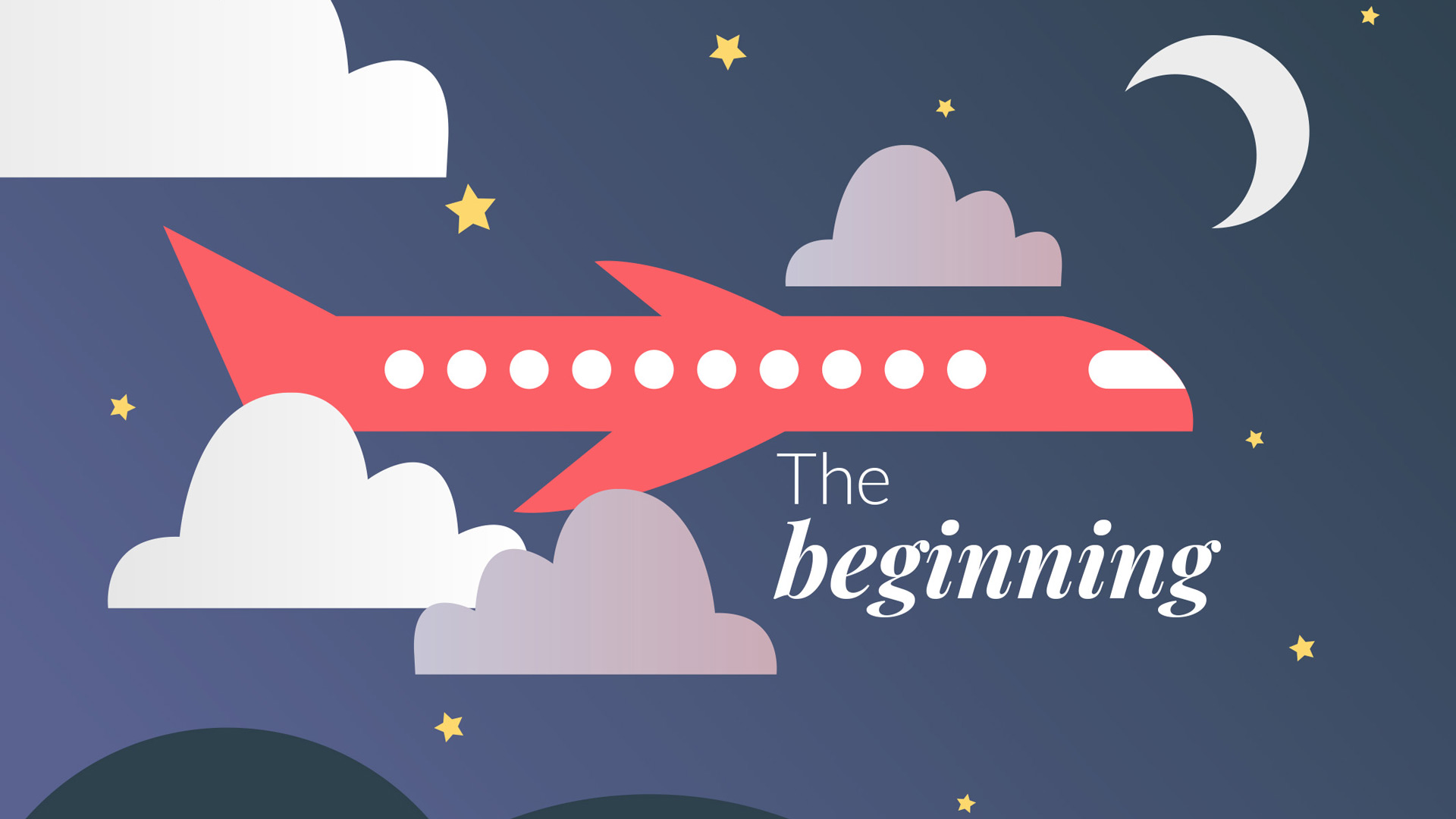 Vector illustration of a night sky with an orange aeroplane. The image includes the words 'The Beginning' in white text.