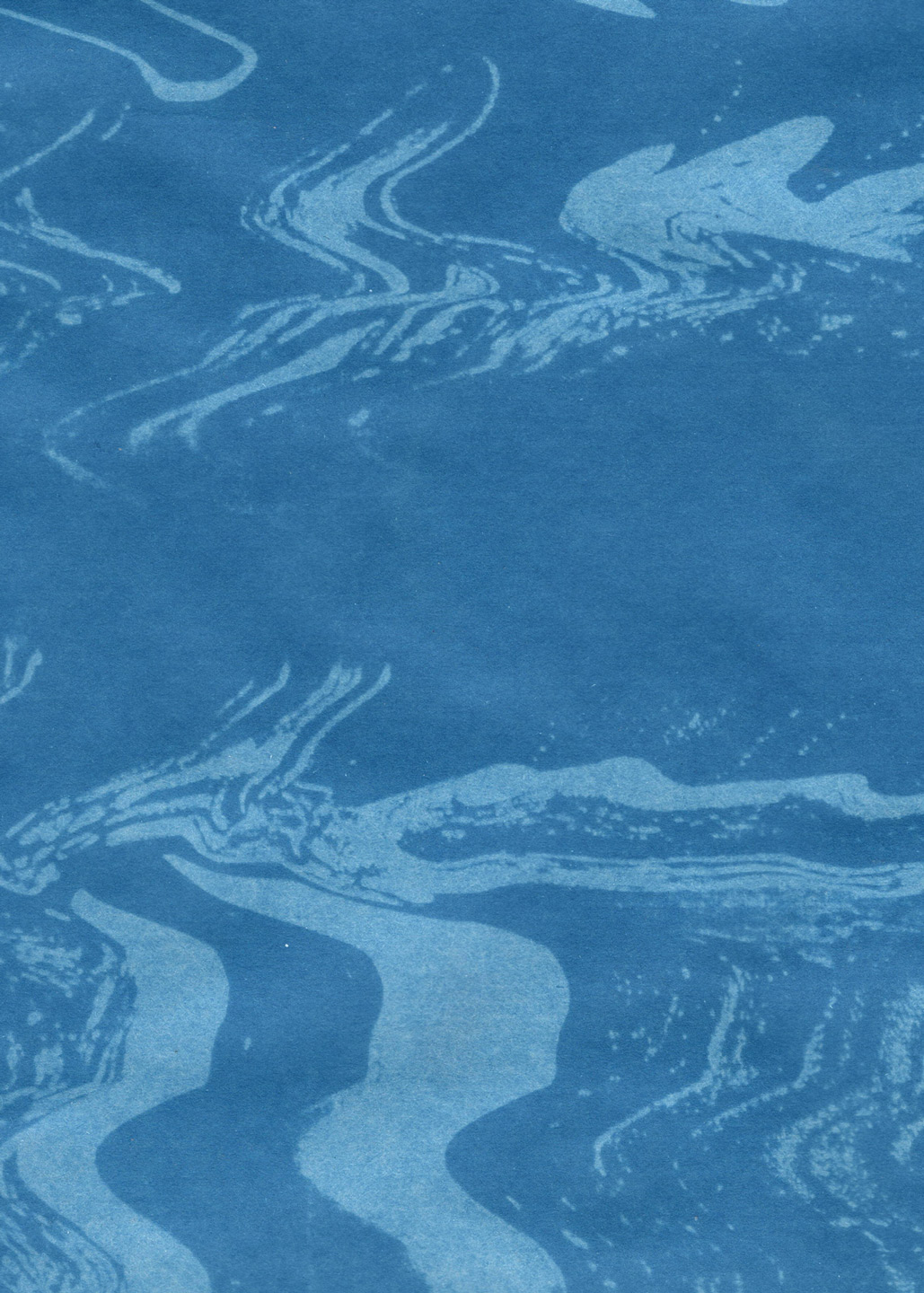 A cyanotype created from the Nature/Contortion scanograph piece. The dark blue background and lighter blue abstract shapes create a sense of flowing water.