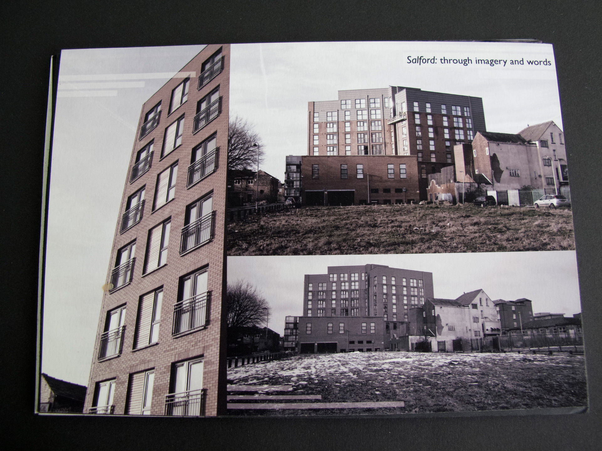 The front cover of the booklet displays a triptych of desaturated photographs. On the left, there is a picture of an apartment block. On the right, two stacked images are placed. The top one depicts a blend of modern and older buildings, while the one below showcases the same view on a snowy winter day.